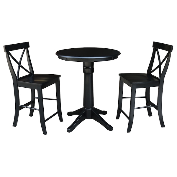 International Concepts Round 30 in Rd Pedestal Gathering Ht Table, 2 X-Back Counter Ht Stools, Black, 30 in W, 30 in L, Wood K46-30RT-27B-S6132-2 - main